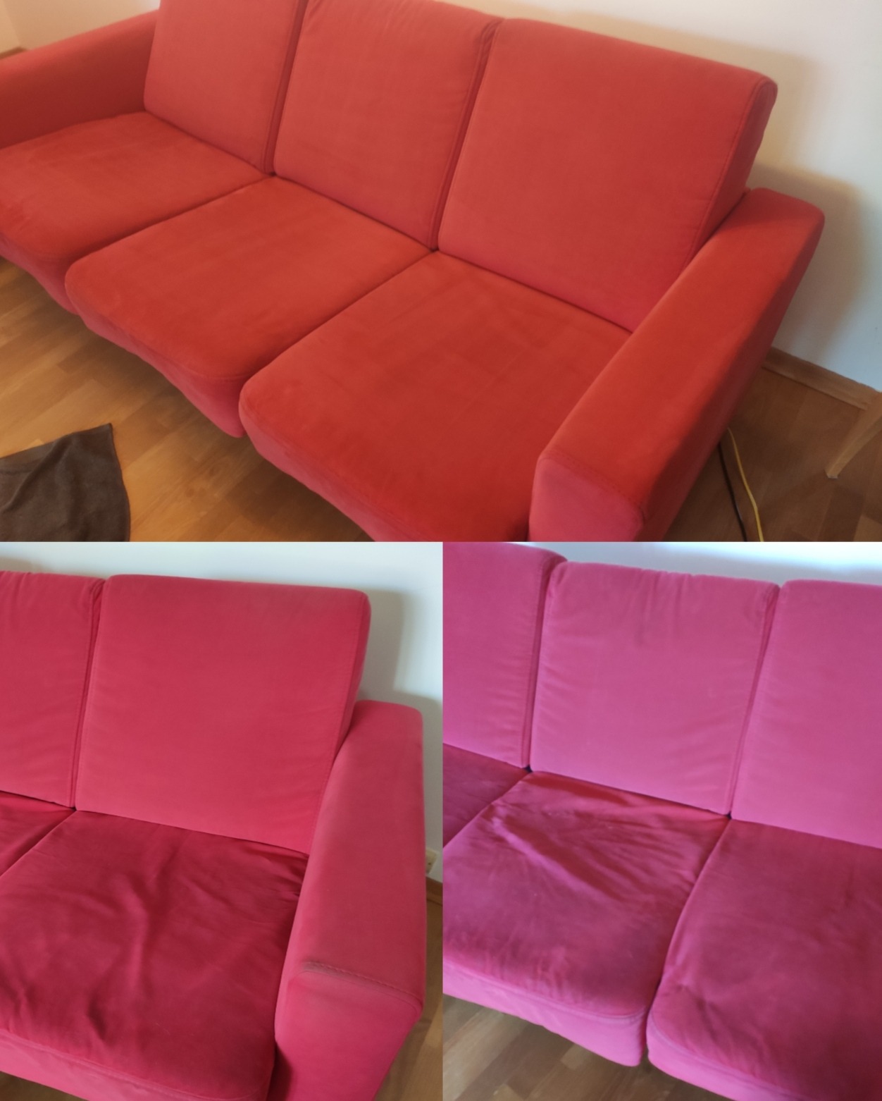 Trzyczęściowa, czerwona kanapa z widoczną różnicą w kolorze i czystości pomiędzy górną (przed czyszczeniem) i dolną częścią (po czyszczeniu) zdjęcia.