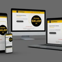 Responsywna strona internetowa widoczna na monitorze, laptopie, tablecie i smartfonie, prezentacja projektu w różnych rozdzielczościach.