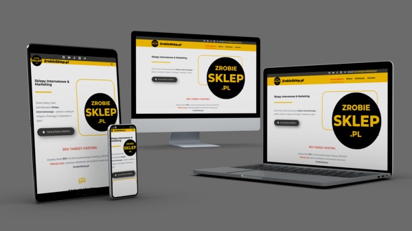 Responsywna strona internetowa widoczna na monitorze, laptopie, tablecie i smartfonie, prezentacja projektu w różnych rozdzielczościach.
