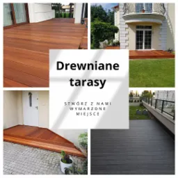 Mozaika zdjęć prezentująca różnorodne drewniane tarasy: od jasnego drewna przy oknie balkonowym, przez schody wejściowe wykończone drewnem, po ciemny taras z balustradą.