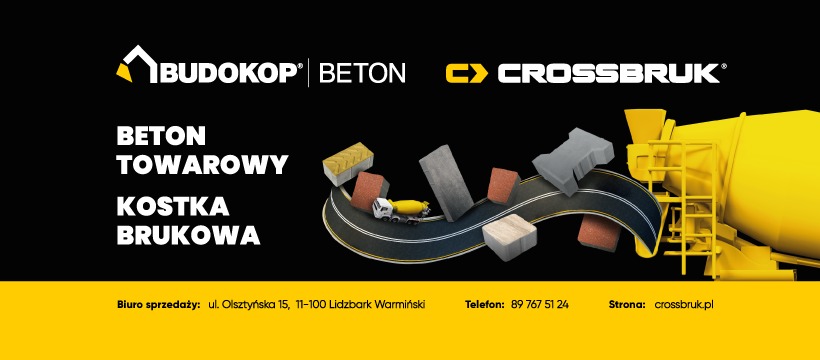 Grafika reklamowa betonu towarowego i kostki brukowej z logo Budokop Beton i Crossbruk, z żółtą betoniarką i różnymi rodzajami kostki brukowej na stylizowanej drodze.