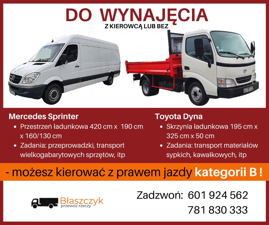 Ogłoszenie: biały Mercedes Sprinter i biało-czerwona Toyota Dyna do wynajęcia, z podanymi wymiarami przestrzeni ładunkowej i informacją o możliwości prowadzenia z prawem jazdy kategorii B, logo...