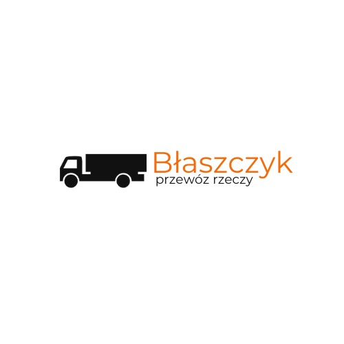Logo firmy transportowej Błaszczyk przewóz rzeczy, stylizowany czarny pojazd ciężarowy z pomarańczowym napisem na białym tle.