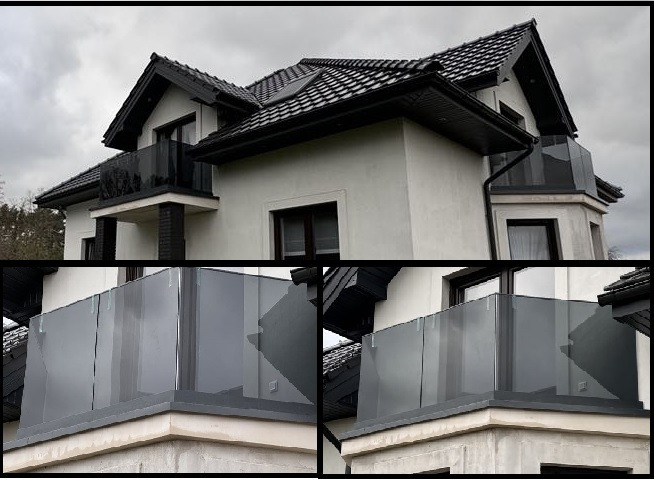 Nowoczesny dom z balkonami zabezpieczonymi szarymi, szklanymi panelami, widok z dołu na elewację w pochmurny dzień.