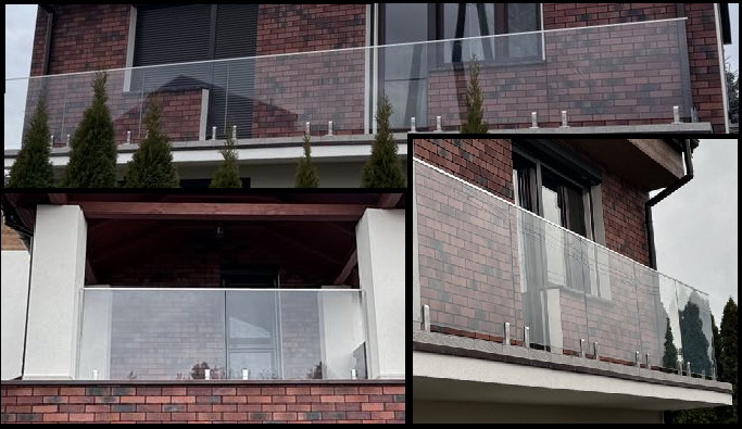 Nowoczesna, bezramowa balustrada ze szkła na balkonie z ceglaną elewacją, mocowana punktowo, z widocznymi tujami w tle.