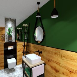 Łazienka dla odważnych, tych którzy lubią niestandardowe pomysły, troche szaleństwa i koloru, w połączeniu z ciepłem drewna.