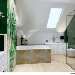 Wizualizacja łazienki na poddaszu z wanną obudowaną dekoracyjną płytką, kabiną prysznicową ze szkła, białymi meblami, roślinami w wazonach i akcentami w kolorze butelkowej zieleni.