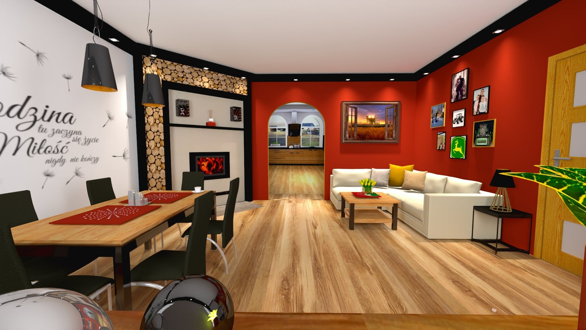 Wnętrze domu z otwartą przestrzenią: jadalnia z drewnianym stołem i krzesłami, kominek obłożony drewnem, salon z białą sofą, czerwone ściany z dekoracjami, drewniana podłoga i widok na kuchnię...
