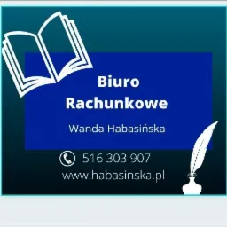 Grafika reklamowa biura rachunkowego Wanda Habasińska z otwartą księgą, piórem w kałamarzu, numerem telefonu i adresem strony internetowej na ciemnoniebieskim tle.