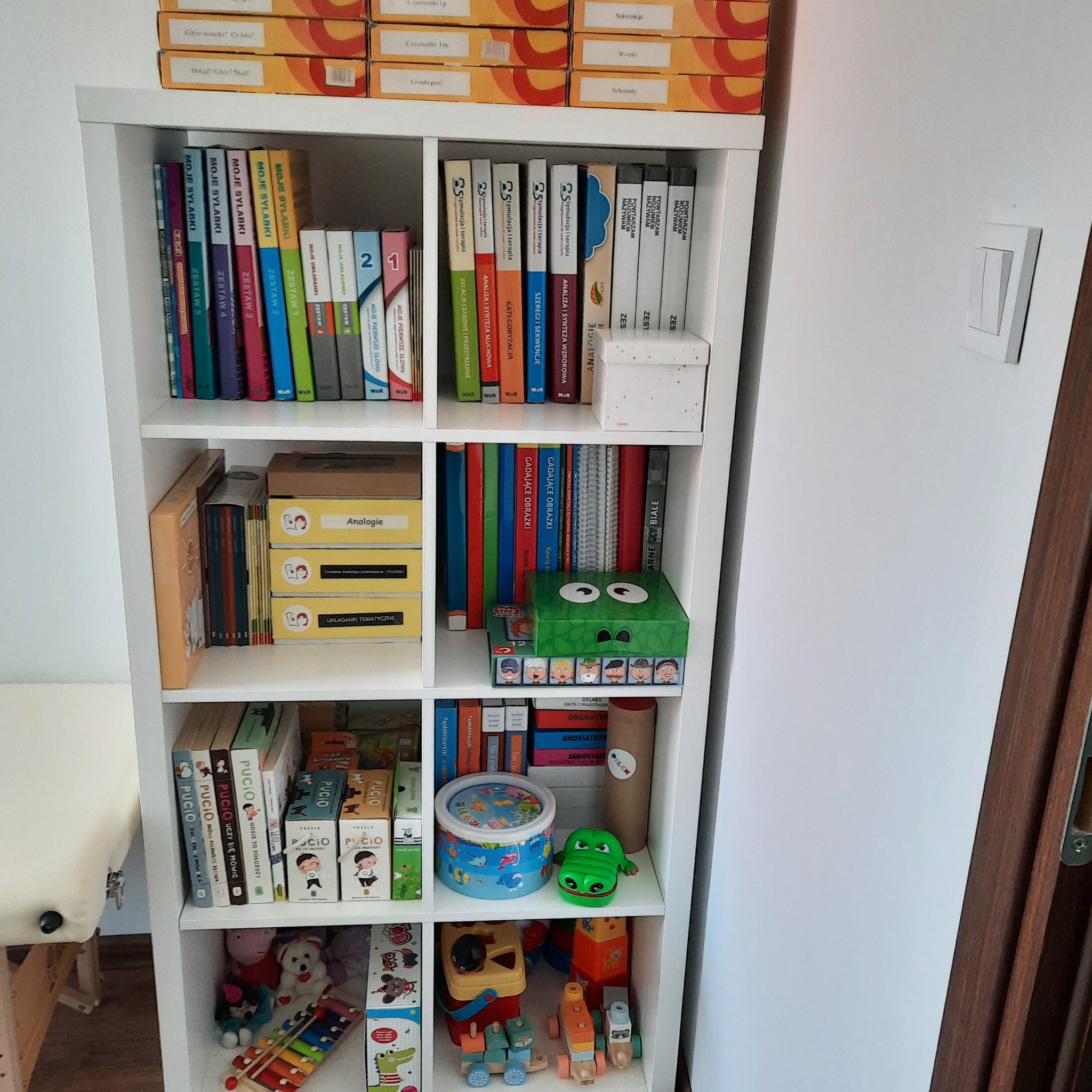 Półka z białego regału wypełniona książkami, grami edukacyjnymi i zabawkami, w tym seriami 'Moje Sylabki', 'Pucio', 'Gadaące Obrazki' oraz pudełkami z podpisami 'Analogie' i 'Układanki Tematyczne'.