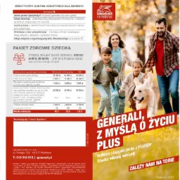 Reklama Generali z uśmiechniętą rodziną spacerującą z psem, obok szczegóły oferty ubezpieczenia na życie i pakietu zdrowie dziecka.