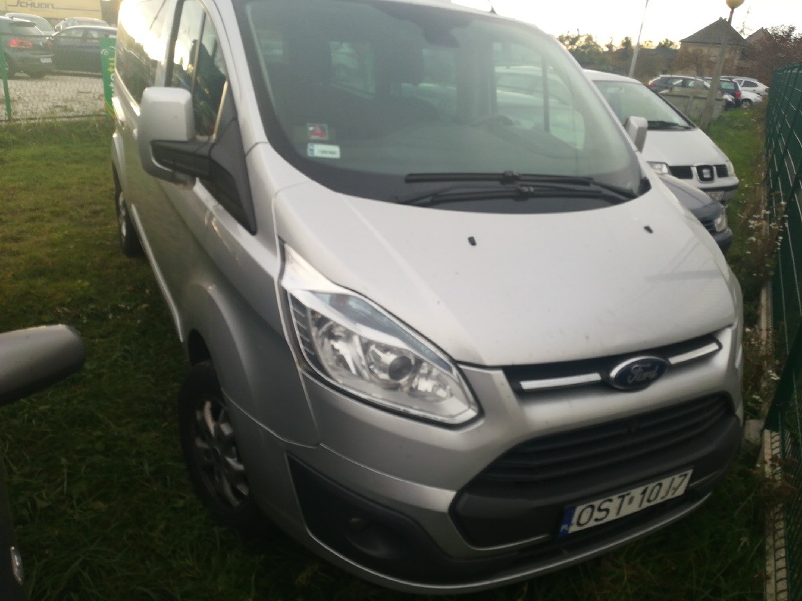 Srebrny Ford Transit Custom zaparkowany na trawie, widok z przodu, tablica rejestracyjna OST 10J7.