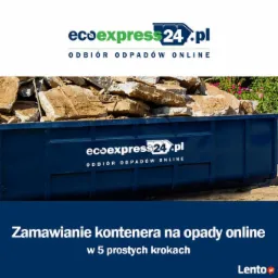 Niebieski kontener wypełniony gruzem budowlanym, z widocznym logo firmy ecoexpress24.pl oferującej odbiór odpadów online, na tle zieleni.