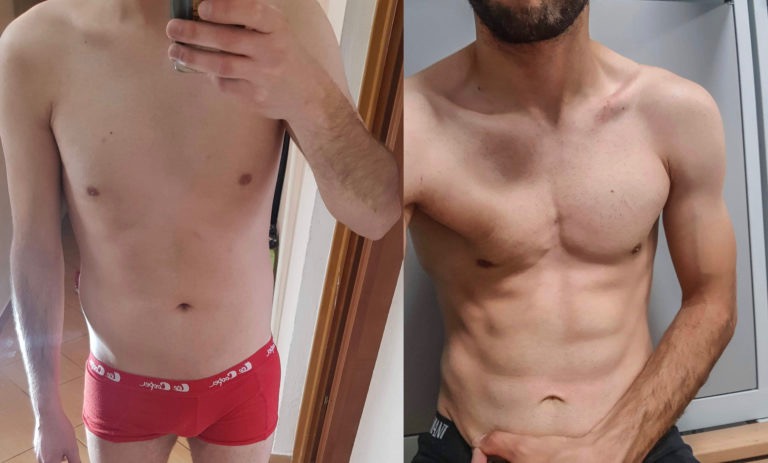 Mężczyzna prezentuje transformację sylwetki: zdjęcie 'przed' po lewej stronie ukazuje szczupłą budowę, a 'po' po prawej stronie prezentuje wyraźnie zarysowane mięśnie brzucha i klatki piersiowej.