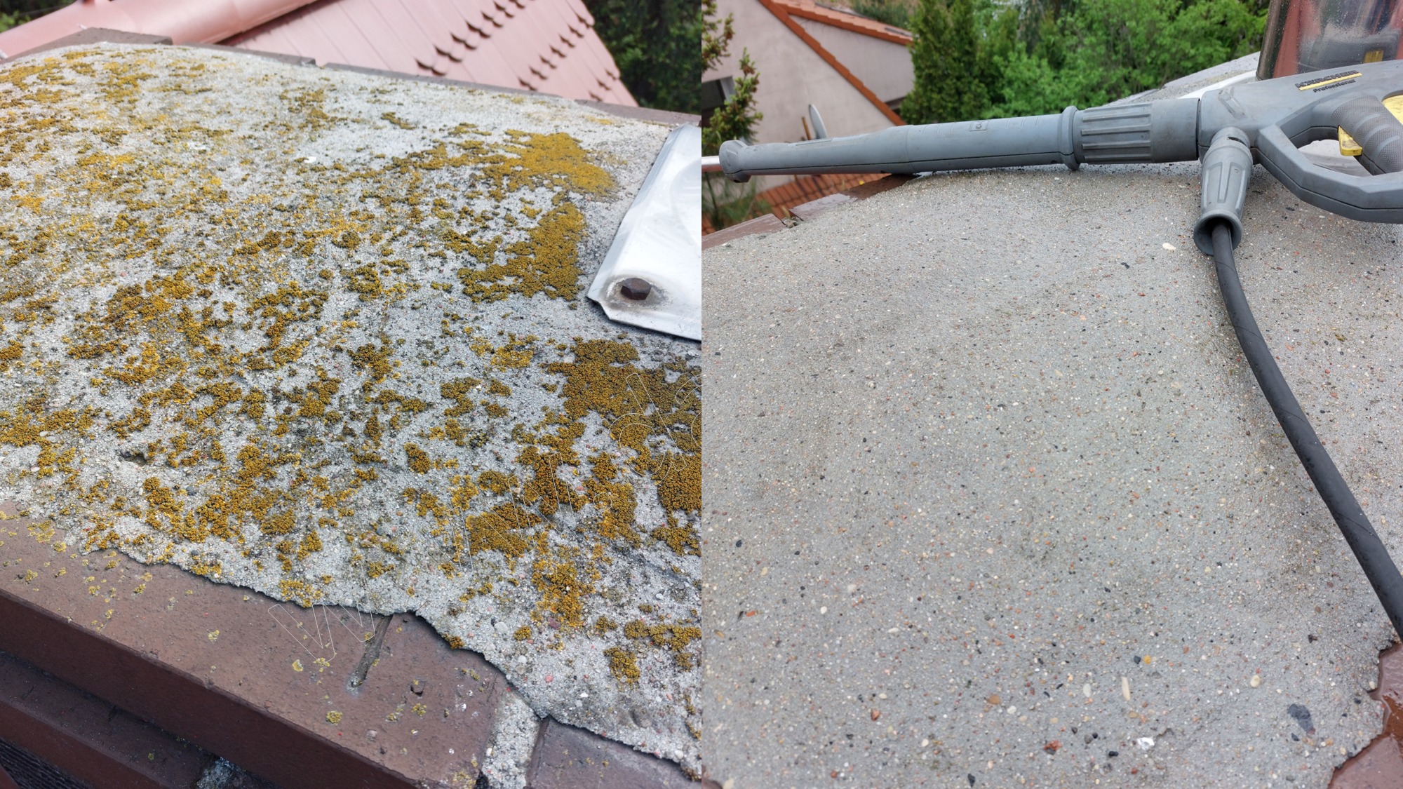 Porównanie: połowa dachu pokryta mchem i zabrudzeniami, druga połowa wyczyszczona myjką ciśnieniową Karcher.
