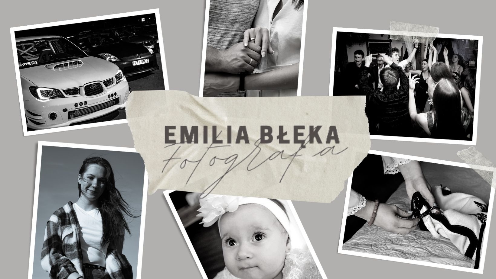 Czarno-biała kompozycja zdjęć w stylu polaroidów, przedstawiająca portfolio fotografa Emilia Błeka. Widoczne zdjęcia to: samochody, dłonie z obrączkami, tańczący tłum, portret kobiety, niemowlę...
