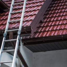 Aluminiowa drabina oparta o brązową rynnę i dach pokryty czerwoną dachówką ceramiczną.