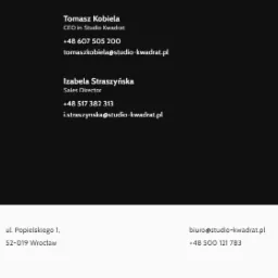 Dane kontaktowe i logo firmy Studio Kwadrat Professional Photography: adres, numery telefonów, adresy e-mail, profile na Facebooku, Instagramie i Linkedinie, imiona i nazwiska pracowników.