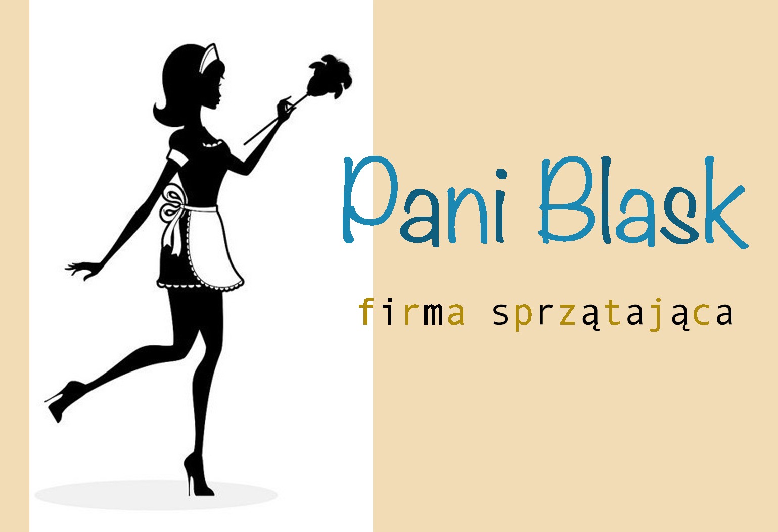 Logo firmy sprzątającej Pani Blask: sylwetka kobiety w stroju pokojówki z miotełką do kurzu, obok nazwa firmy w kolorze niebieskim i dopisek 'firma sprzątająca' w kolorze złotym.