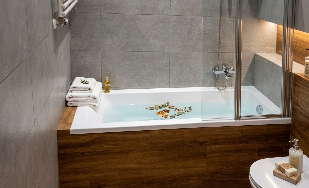 Nowoczesna łazienka z wanną obudowaną drewnem, szklanym parawanem i szarymi płytkami. Na wannie dekoracje z suszonych owoców i liści. Minimalistyczny design.