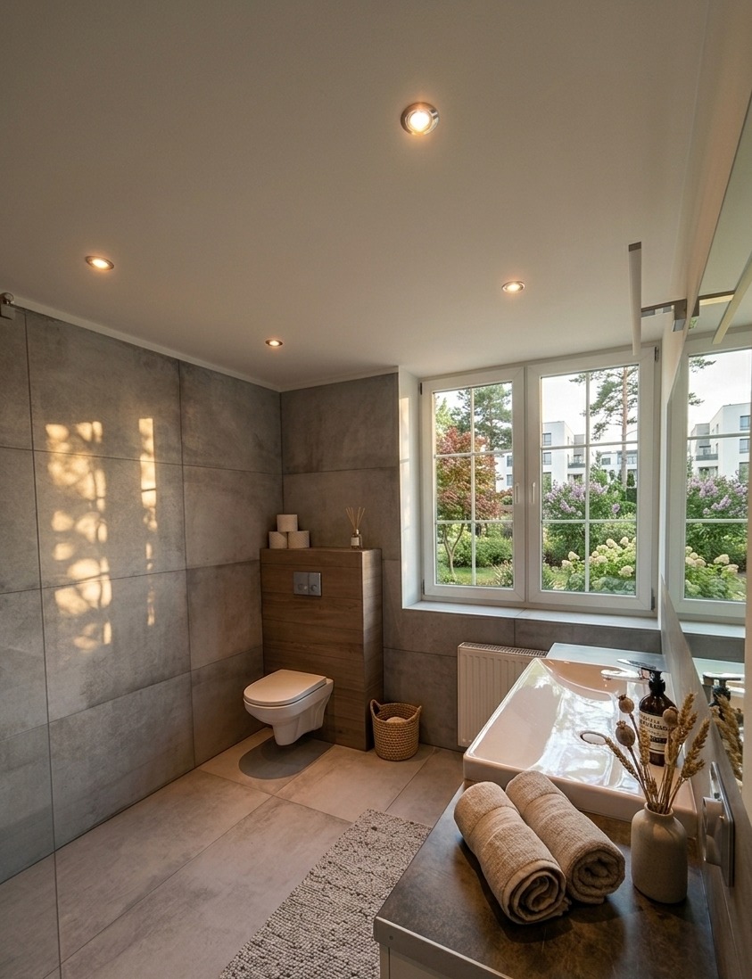 Nowoczesna łazienka z szarymi płytkami, podwieszaną toaletą i dużym oknem z widokiem na zieleń. Umywalka z beżowymi ręcznikami i dekoracyjnym wazonem. Oświetlenie punktowe.