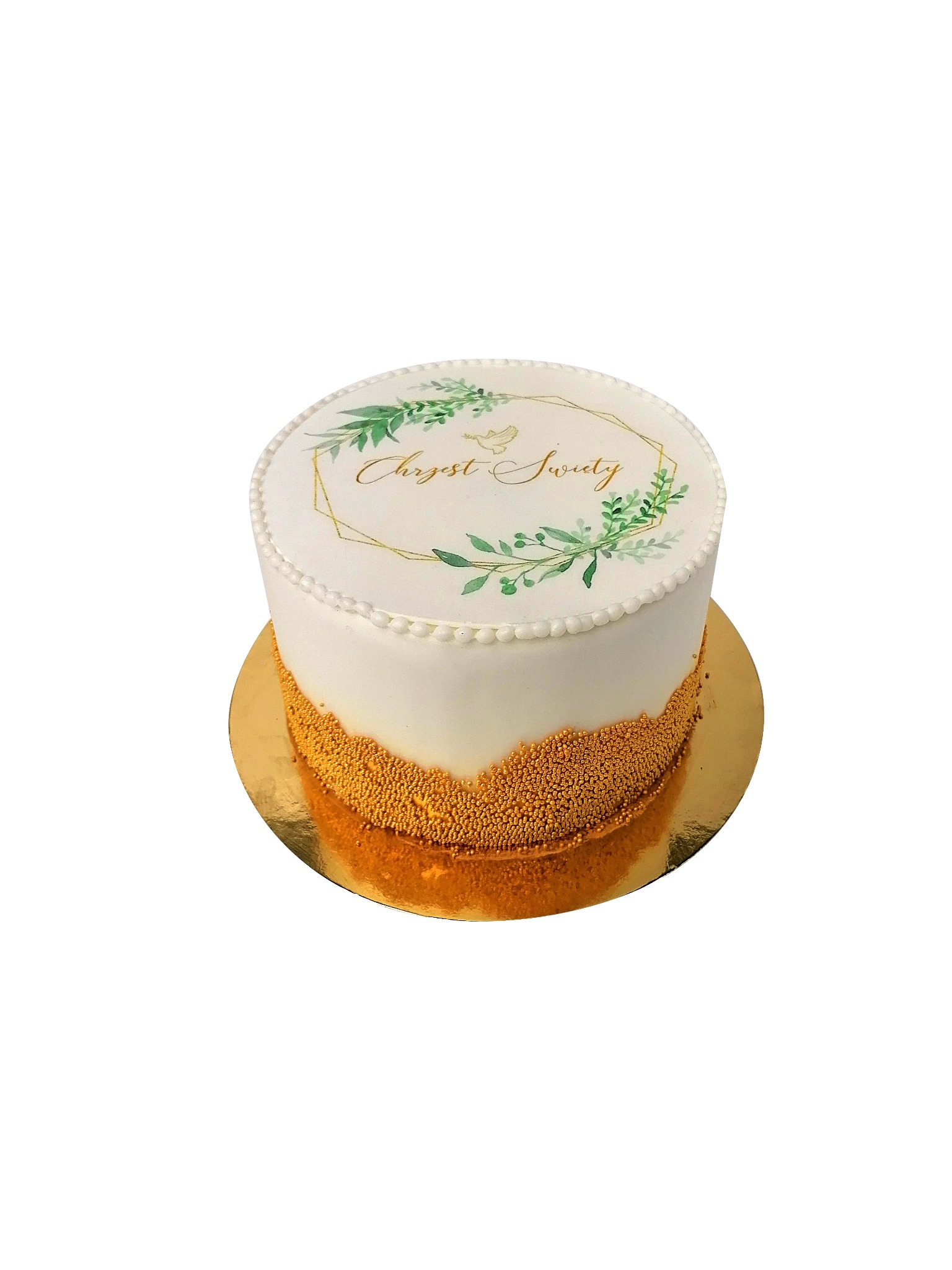 Tort okolicznościowy z białym lukrem, złotymi koralikami u podstawy i dekoracją z zielonych gałązek oraz napisem 'Chrzest Święty' w złotej ramce.