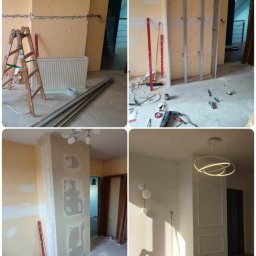 Firma handlowo usługowa Paweł Witek - Czteropanelowe ujęcie przedstawia postęp prac remontowych w pokoju: od surowych ścian, przez montaż stelażu, szpachlowanie, aż po pomalowane ściany z dekoracyjną sztukaterią i nowoczesnym...