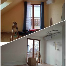 Firma handlowo usługowa Paweł Witek - Zdjęcie 'przed i po' przedstawia pokój z oknem balkonowym. Po lewej stronie widoczny pokój przed remontem: ściany pomalowane na żółto, drewniana drabina, narzędzia. Po prawej stronie pokój po...