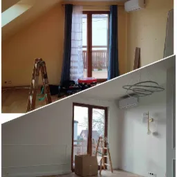 Zdjęcie 'przed i po' przedstawia pokój z oknem balkonowym. Po lewej stronie widoczny pokój przed remontem: ściany pomalowane na żółto, drewniana drabina, narzędzia. Po prawej stronie pokój po...