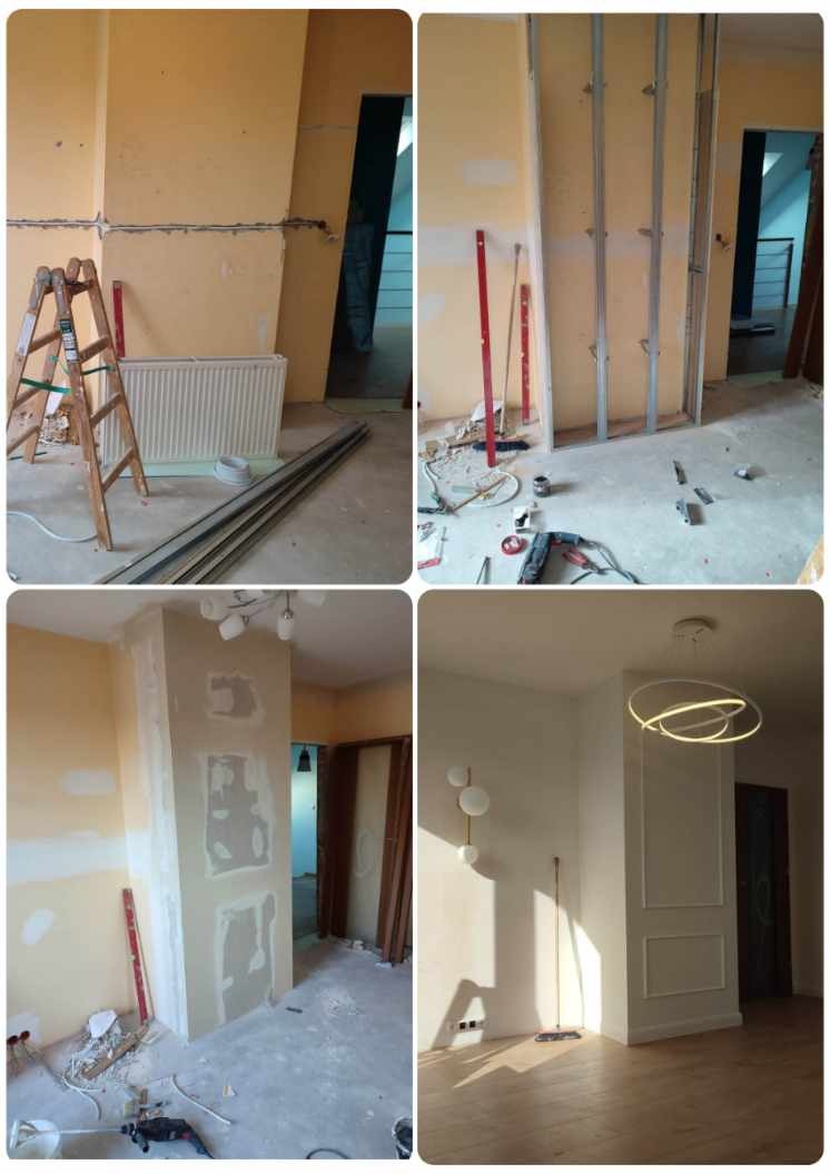 Czteropanelowe ujęcie przedstawia postęp prac remontowych w pokoju: od surowych ścian, przez montaż stelażu, szpachlowanie, aż po pomalowane ściany z dekoracyjną sztukaterią i nowoczesnym...