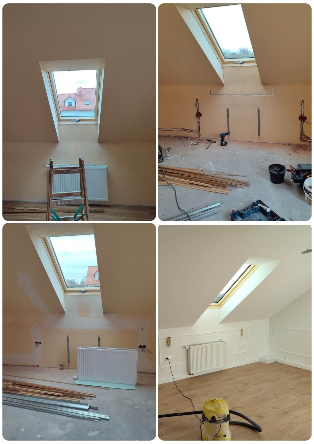 Czteropanelowe porównanie stanu poddasza przed, w trakcie i po remoncie: surowe ściany z instalacją elektryczną, ocieplenie wełną mineralną, wykończone białe ściany z listwami dekoracyjnymi...