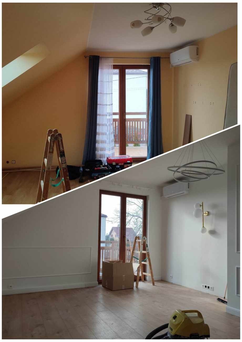 Zdjęcie 'przed i po' przedstawia pokój z oknem balkonowym. Po lewej stronie widoczny pokój przed remontem: ściany pomalowane na żółto, drewniana drabina, narzędzia. Po prawej stronie pokój po...