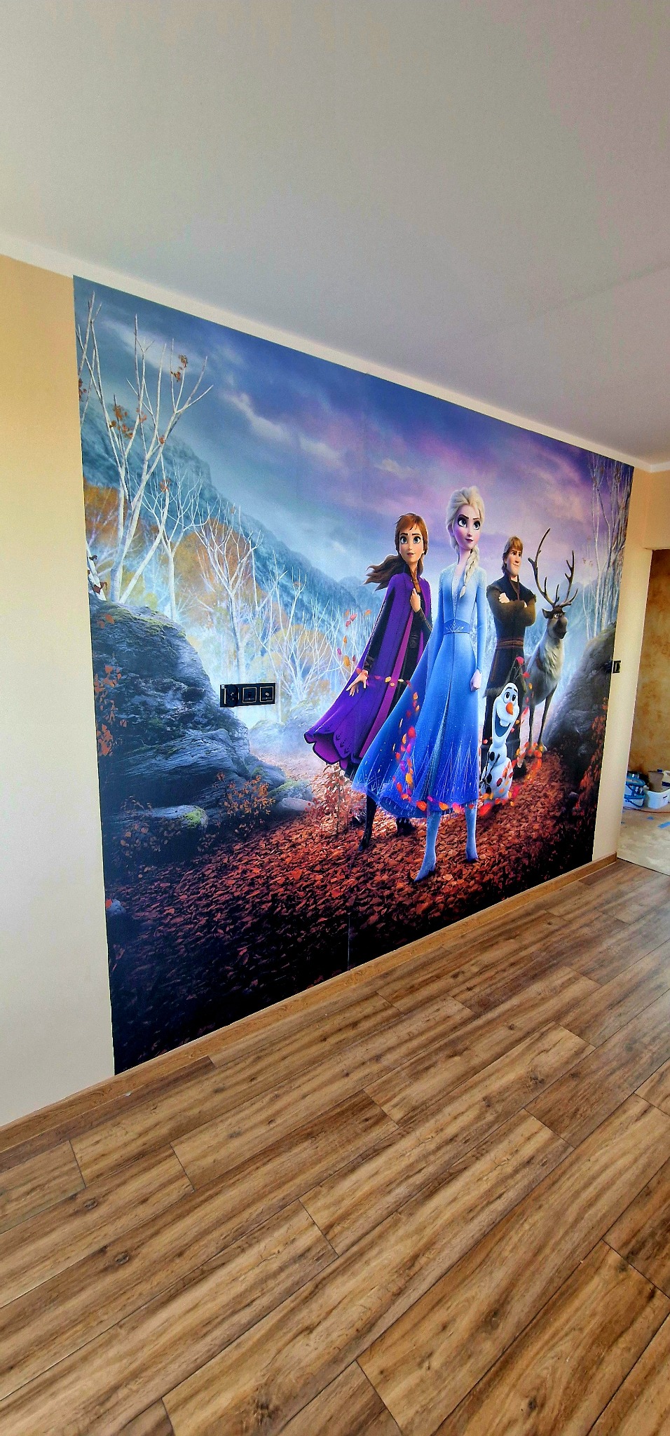 Fototapeta z motywem z 'Krainy Lodu' na ścianie w pokoju, widoczne brązowe panele podłogowe i gniazdka elektryczne na ścianie pod tapetą.