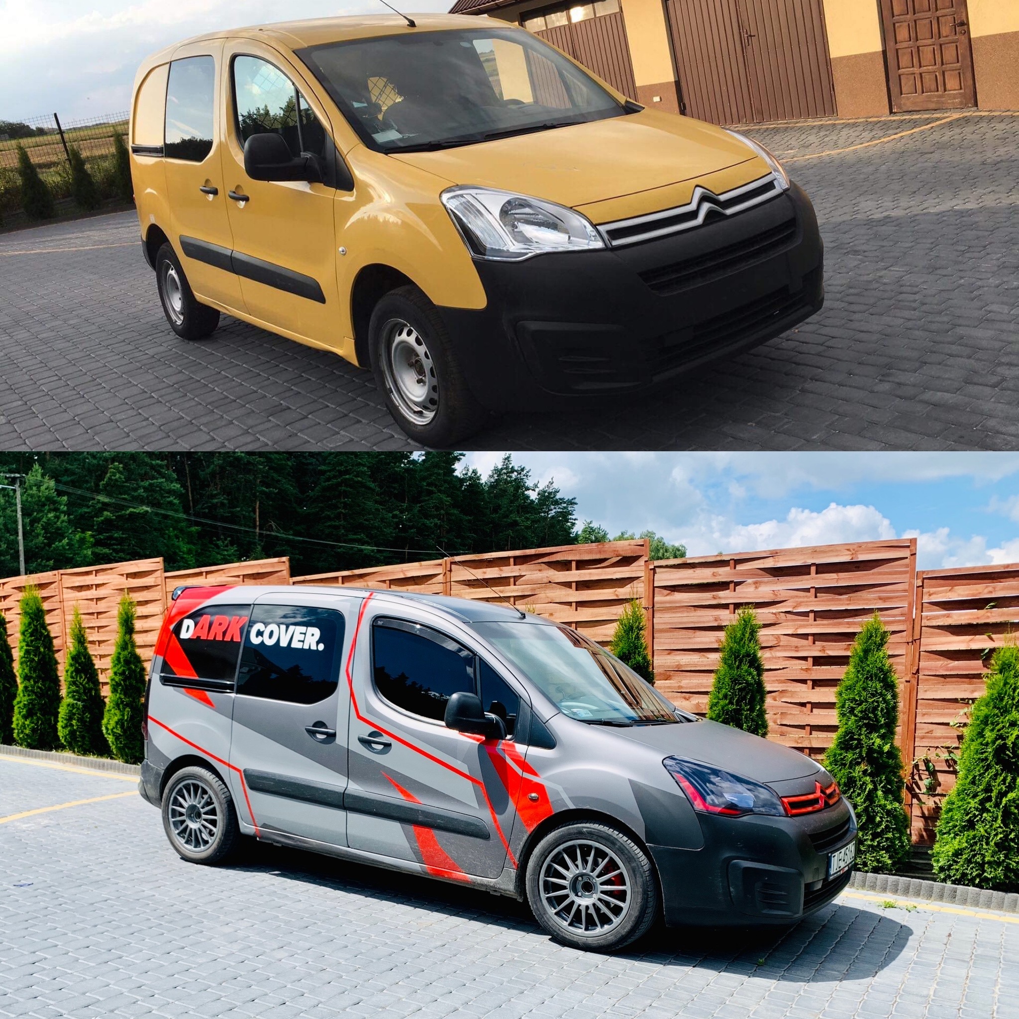 Żółty samochód dostawczy przed i po zmianie wyglądu: odcień żółci do szarego z czerwonymi akcentami i naklejkami, na tle kostki brukowej i ogrodzenia.