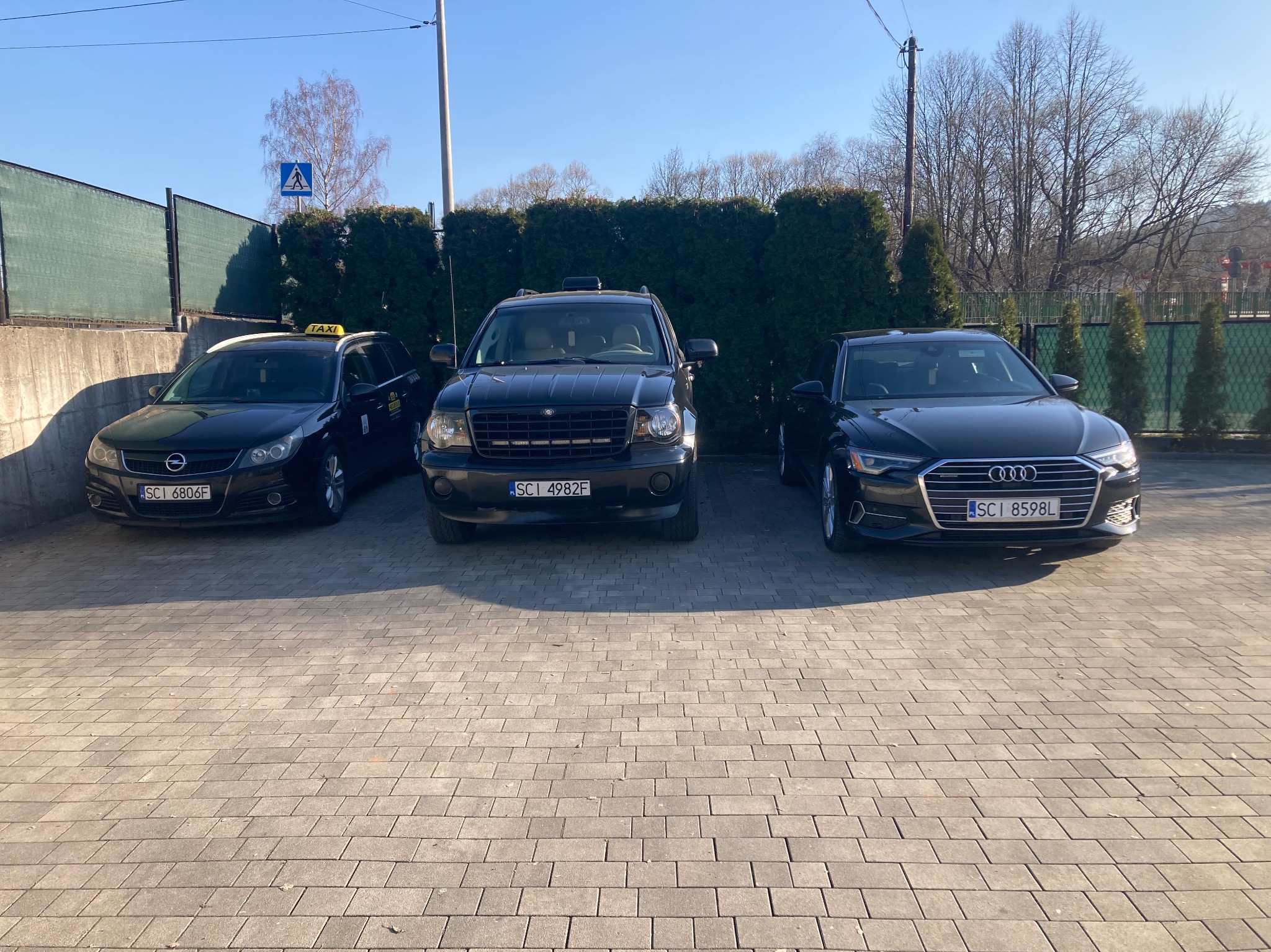 Flota trzech czarnych samochodów osobowych, w tym jeden z napisem TAXI na dachu, zaparkowana na brukowanym placu przed zielonym żywopłotem i drzewami.