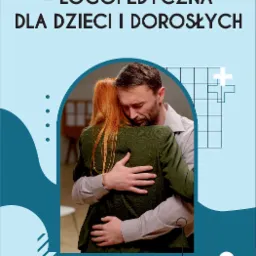 Grafika reklamowa poradni psychologiczno-pedagogicznej i logopedycznej 'EDUCARE' z ilustracją mężczyzny obejmującego kobietę w gabinecie.