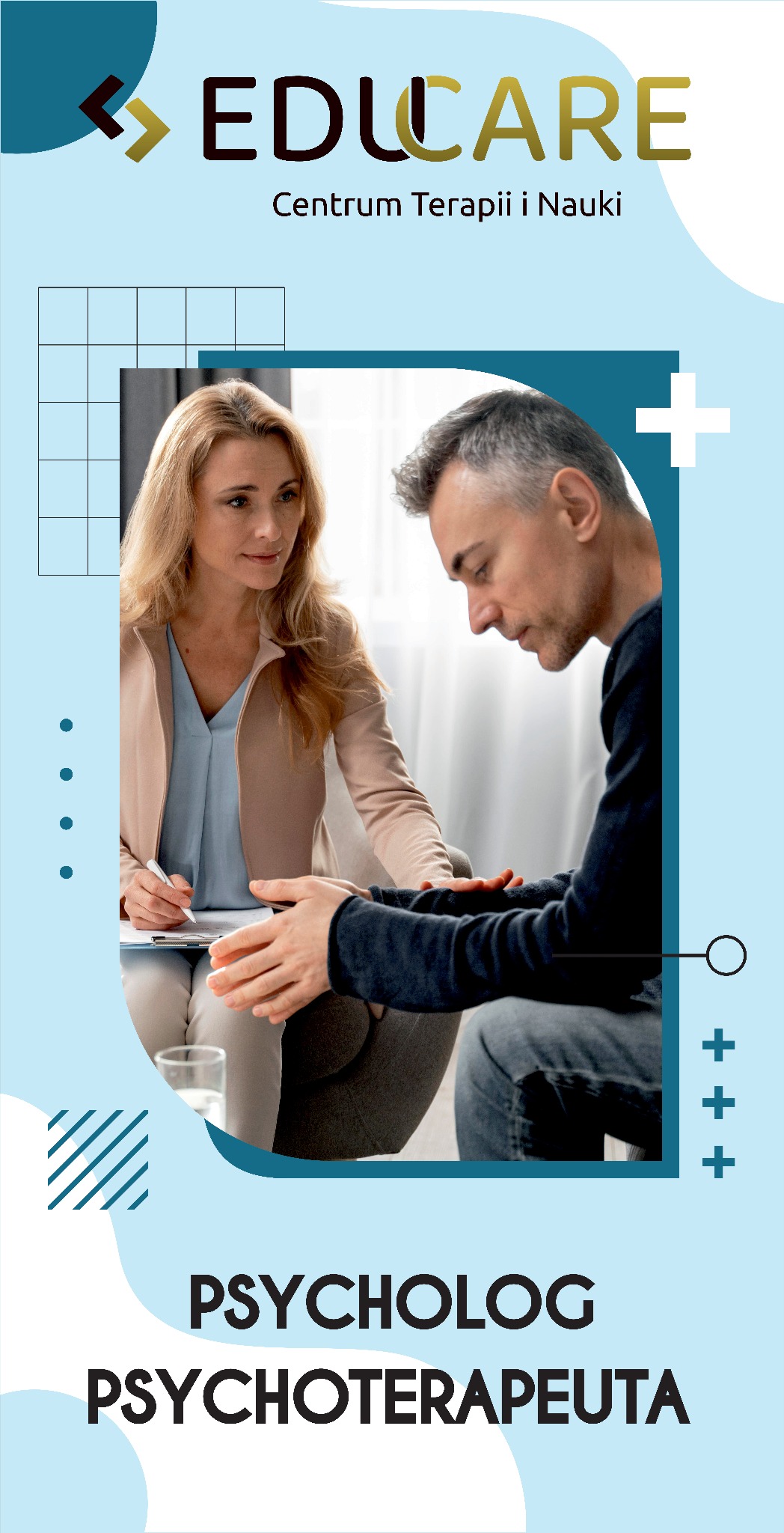 Kobieta w beżowej marynarce prowadzi sesję z mężczyzną, który siedzi z pochyloną głową i splecionymi dłońmi, w tle jasne okno, na grafice logo i nagłówek Psycholog Psychoterapeuta.