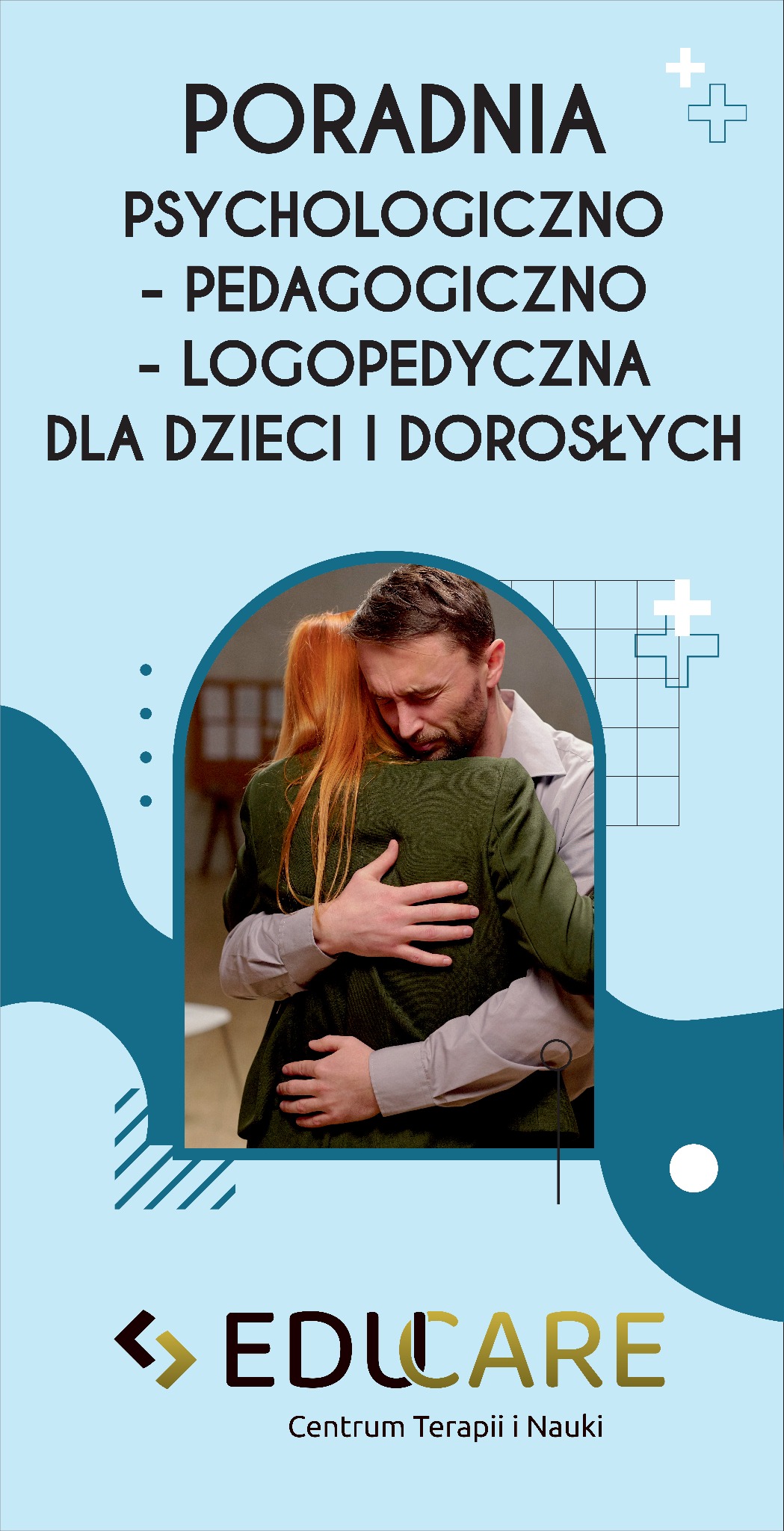 Grafika reklamowa poradni psychologiczno-pedagogicznej i logopedycznej 'EDUCARE' z ilustracją mężczyzny obejmującego kobietę w gabinecie.