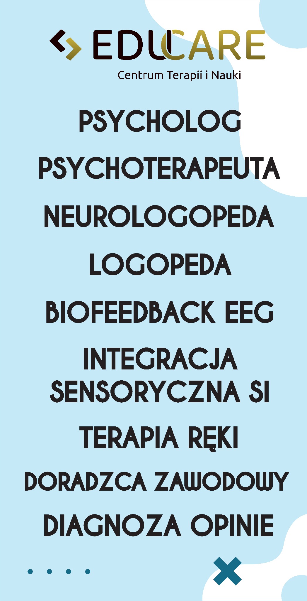 Grafika z logo EDUCARE Centrum Terapii i Nauki, listą usług: Psycholog, Psychoterapeuta, Neurologopeda, Logopeda, Biofeedback EEG, Integracja Sensoryczna SI, Terapia Ręki, Doradca Zawodowy...