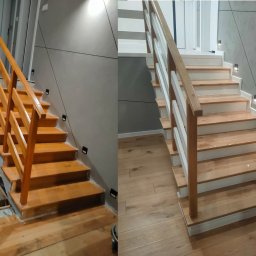 RENOWACJA PODŁÓG DREWNIANYCH ADAM KOWALEWSKI - Schody drewniane przed i po renowacji: surowe drewno z balustradą kontra odnowione, pomalowane schody z oświetleniem punktowym i nową podłogą.