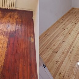 RENOWACJA PODŁÓG DREWNIANYCH ADAM KOWALEWSKI - Zdjęcie 'przed i po' cyklinowania drewnianej podłogi. Po lewej stara, zniszczona podłoga, po prawej odnowiona, jasna, lakierowana podłoga z widocznymi słojami drewna.