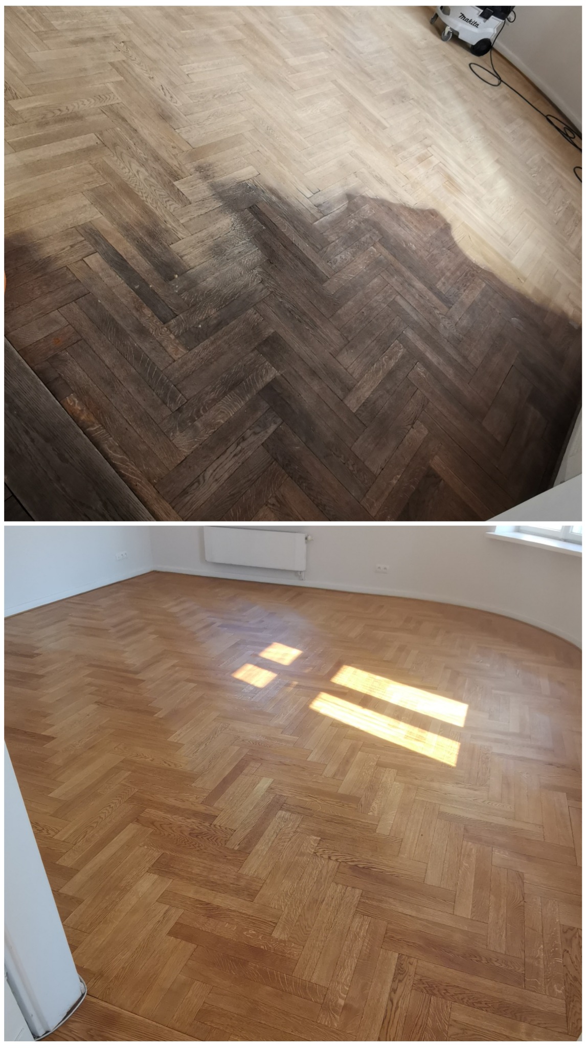 Parkiet w jodełkę: górna część przed renowacją, dolna po. Widoczne różnice w kolorze i połysku. Na górze maszyna do cyklinowania.
