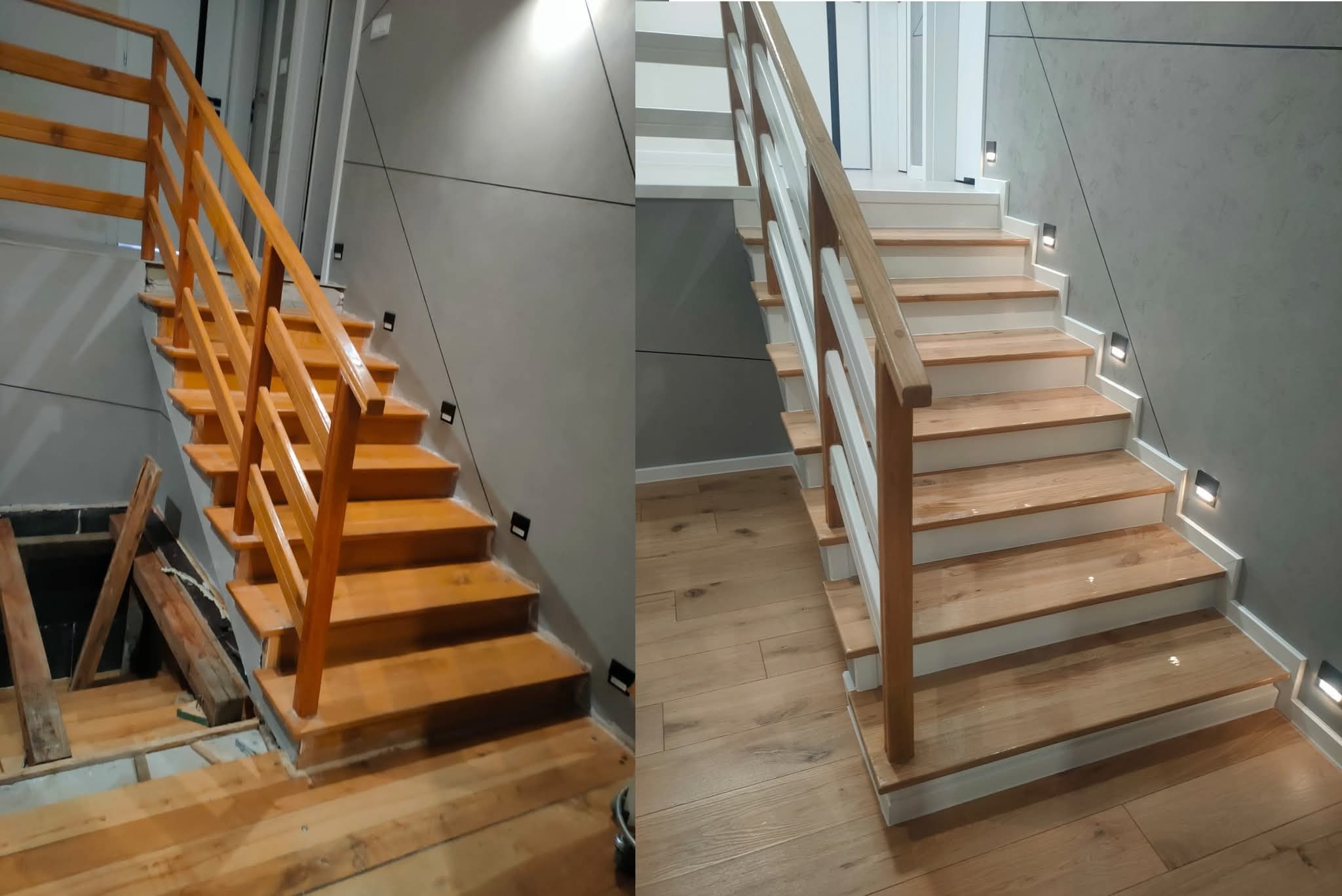 Schody drewniane przed i po renowacji: surowe drewno z balustradą kontra odnowione, pomalowane schody z oświetleniem punktowym i nową podłogą.