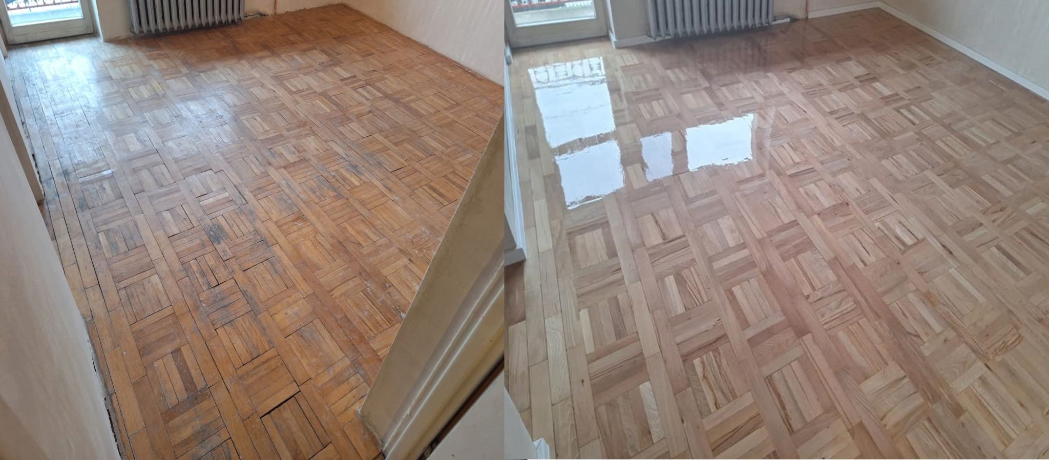 Parkiet w jodełkę przed i po renowacji. Po lewej stronie widoczny parkiet przed, z widocznymi śladami użytkowania, po prawej odnowiony, błyszczący parkiet po zabiegu.