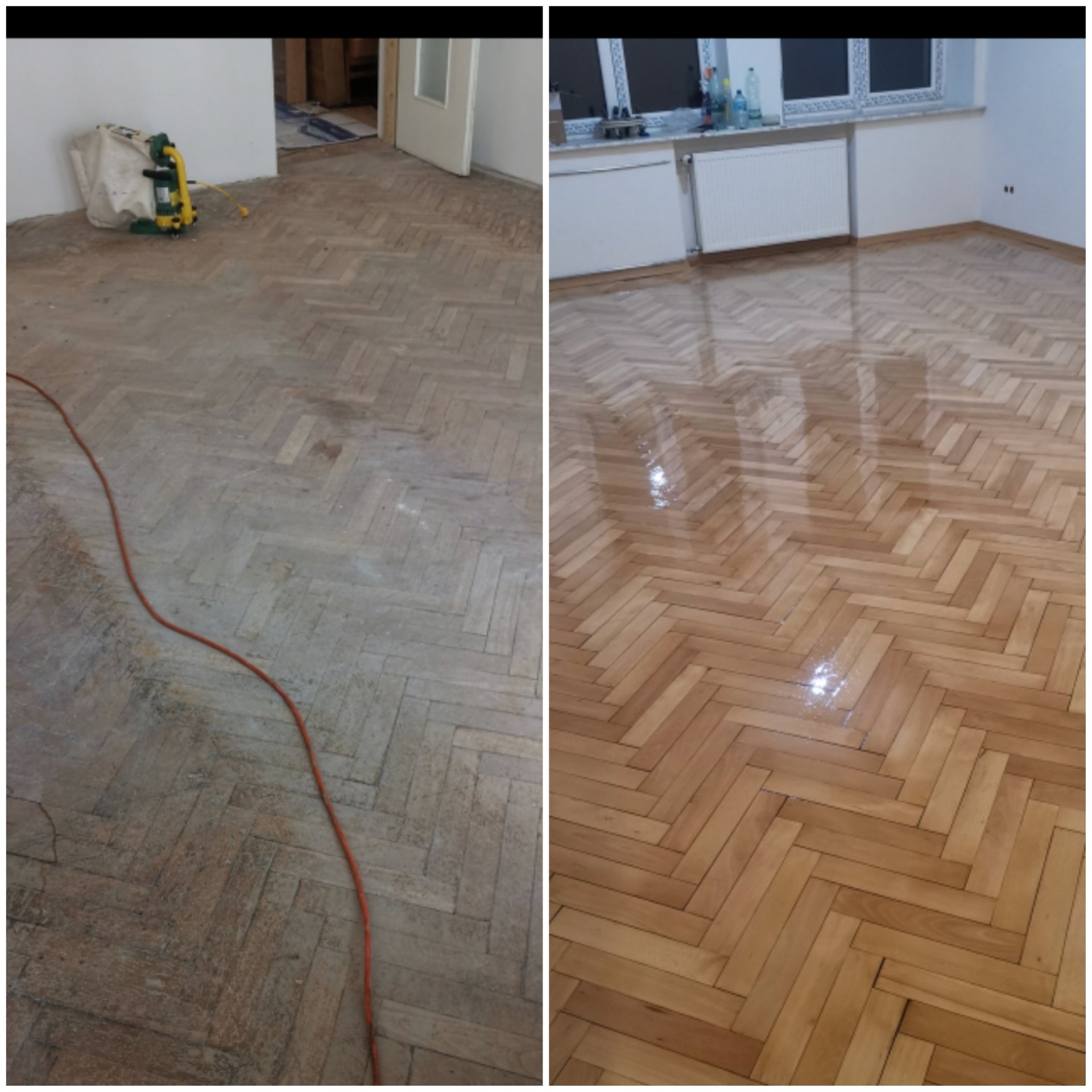 Parkiet w jodełkę: po lewej stan przed, z maszyną do cyklinowania; po prawej - po renowacji, z połyskiem. Widoczne różnice w kolorze i fakturze drewna.