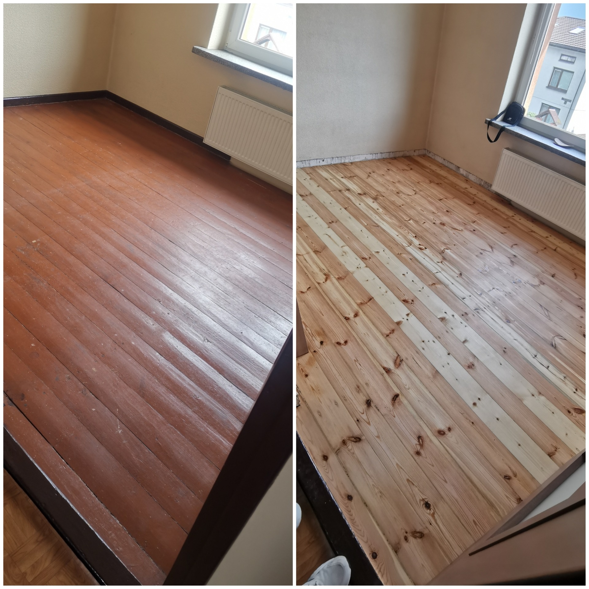 Zdjęcie 'przed i po' prezentujące odnowioną podłogę drewnianą w pokoju. Po lewej stronie podłoga w ciemnym kolorze, po prawej - jasne, surowe drewno po cyklinowaniu.