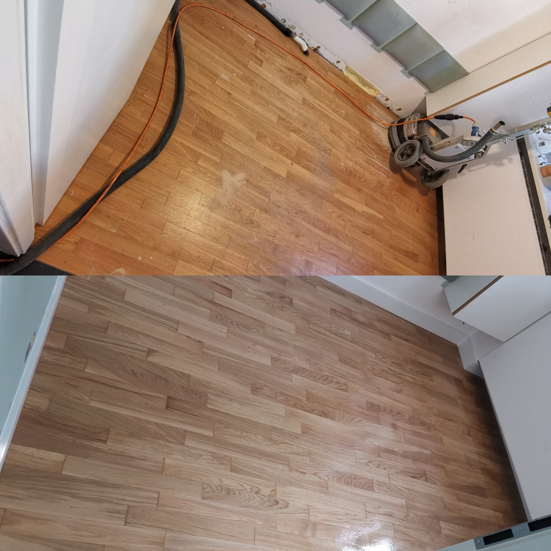 Parkiet w trakcie renowacji: połowa wycyklinowana, druga surowa. Widoczna maszyna do cyklinowania i przewód. Układ parkietu w jodełkę.