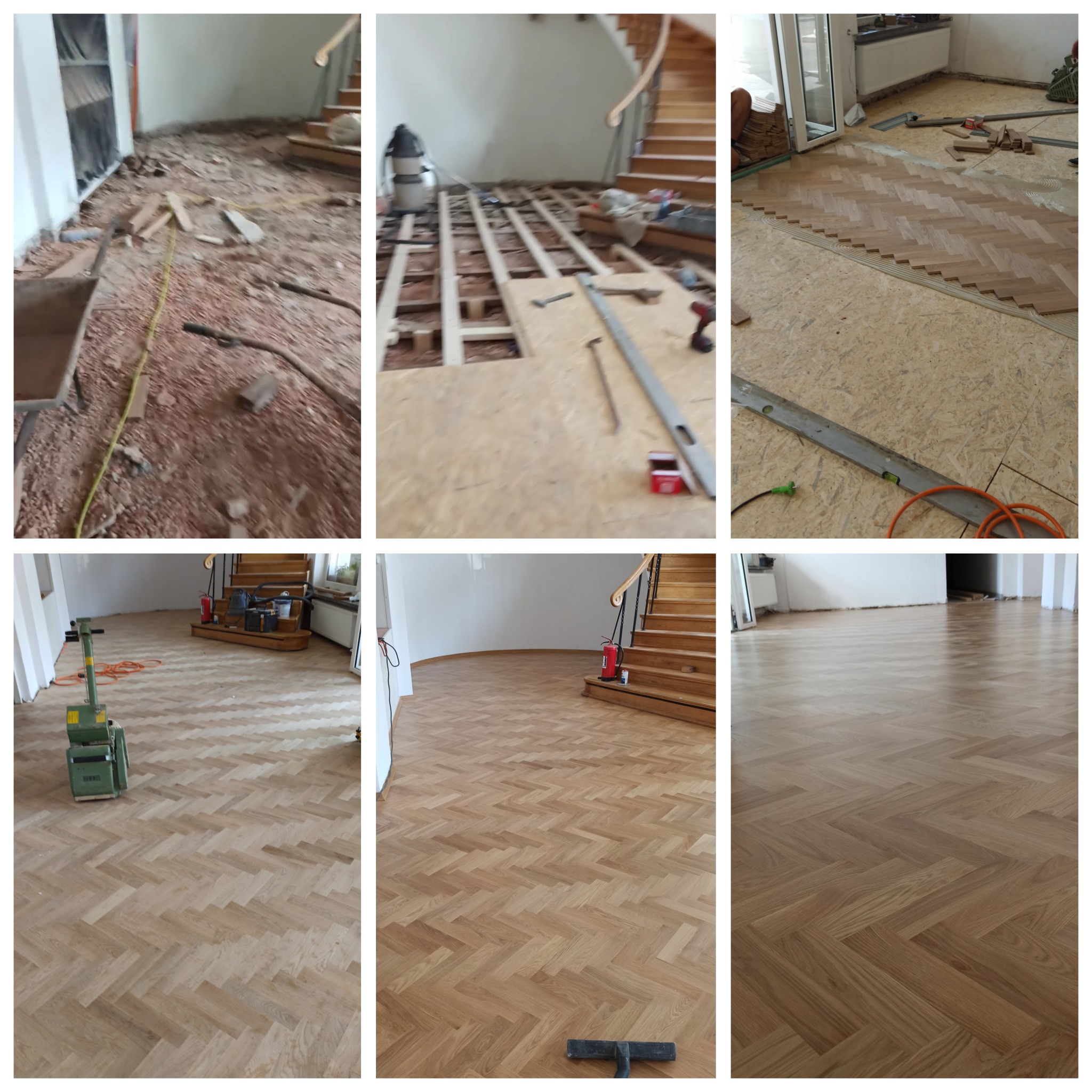 Układanie parkietu w jodełkę: etapy od surowego podłoża po wykończoną podłogę. Widoczne narzędzia i maszyna do cyklinowania. Jasne drewno, naturalne światło.