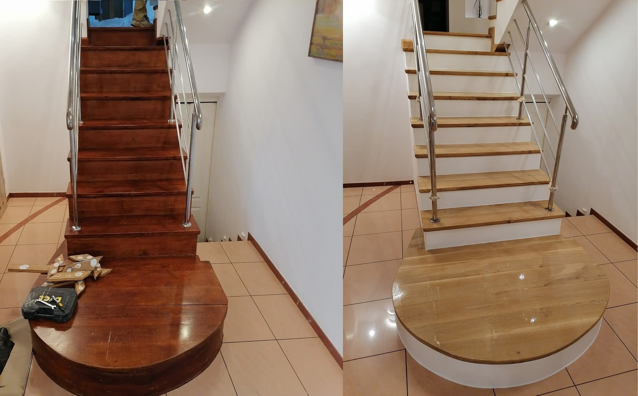 Porównanie schodów drewnianych przed i po renowacji. Po lewej ciemne drewno z narzędziami, po prawej jasne, odnowione schody z metalową balustradą.