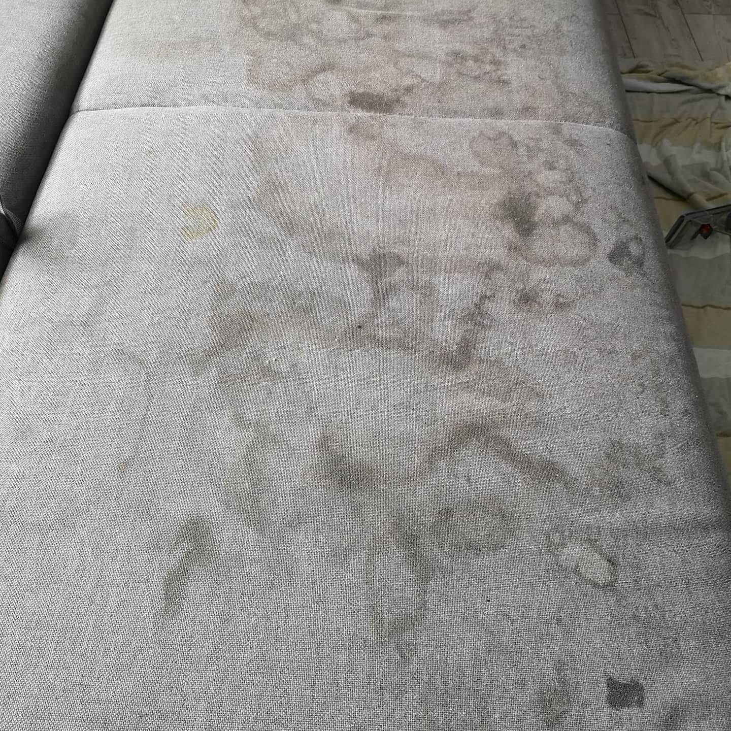 Szara kanapa z widocznymi plamami i zaciekami przed czyszczeniem, ukazująca stopień zabrudzenia tapicerki.